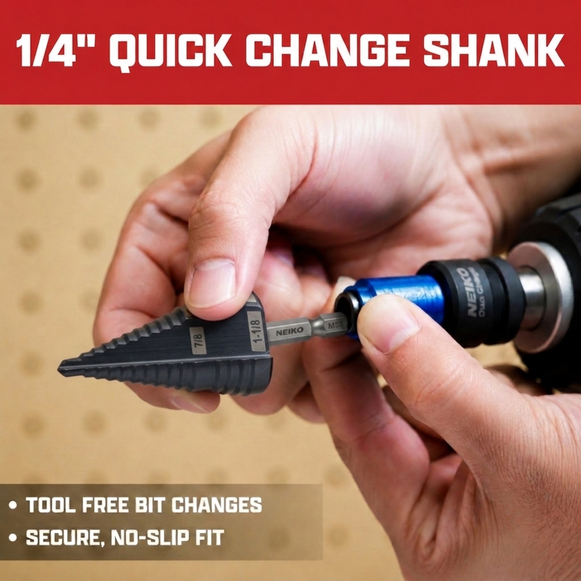NEIKO 10628B Step Drill Bit, 2 Steps 7/8" to 1-1/8" Straight M35 Cobalt, AlTiSiN Coated, 1/4" Quick Change Step Bits for Steel, Metal, Wood, Plastic, Unibit Cone Drill Bits, Two Flute