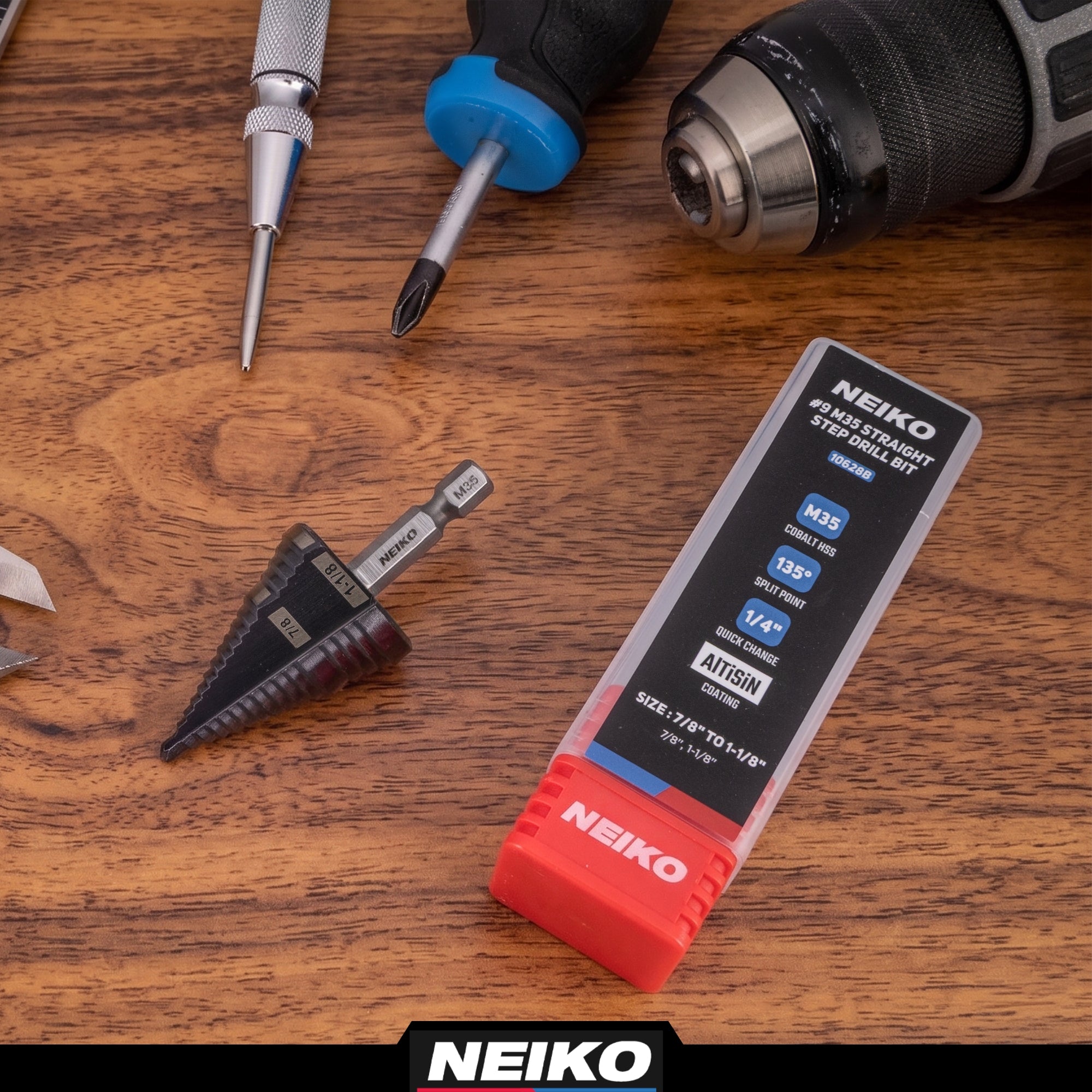 NEIKO 10628B Step Drill Bit, 2 Steps 7/8" to 1-1/8" Straight M35 Cobalt, AlTiSiN Coated, 1/4" Quick Change Step Bits for Steel, Metal, Wood, Plastic, Unibit Cone Drill Bits, Two Flute