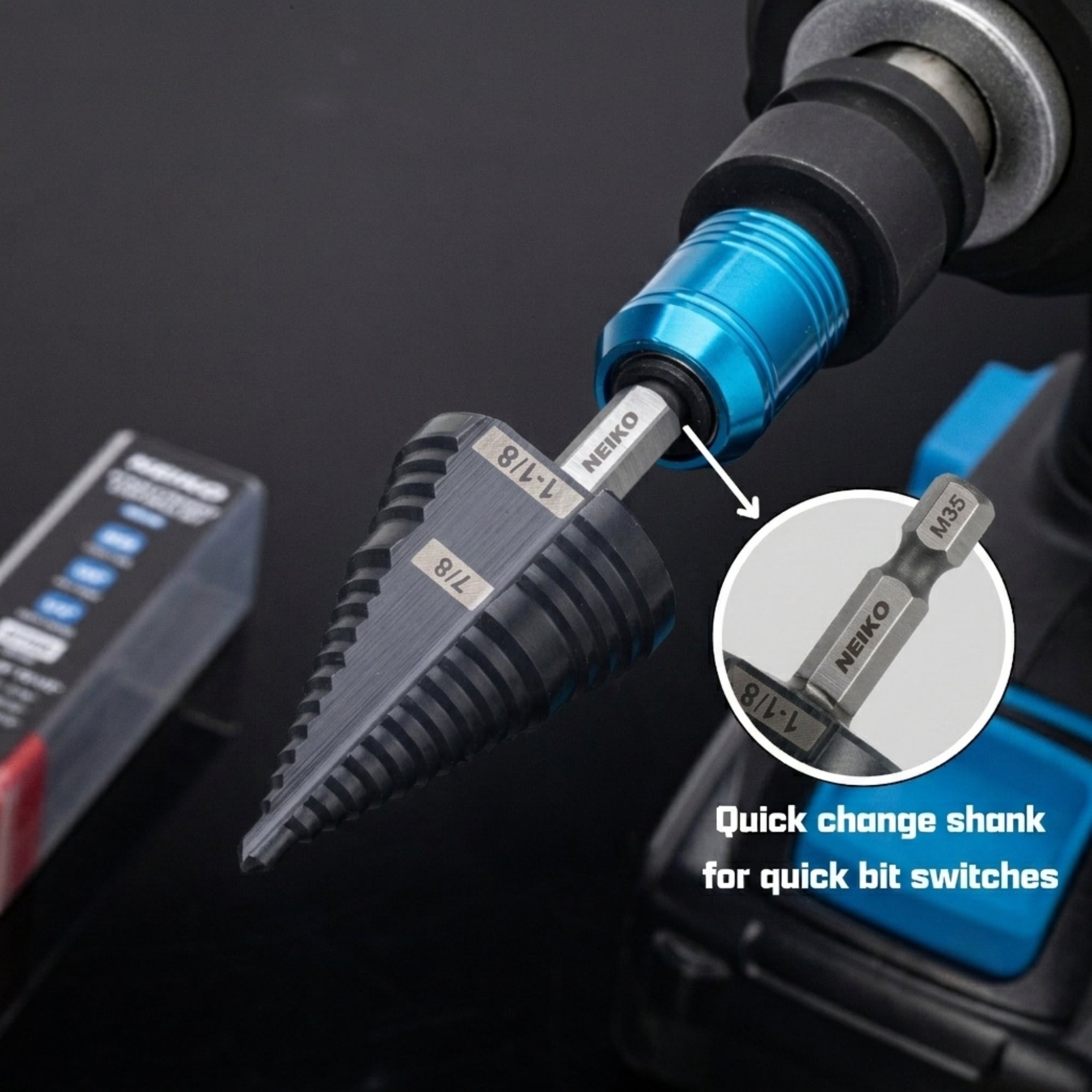 NEIKO 10628B Step Drill Bit, 2 Steps 7/8" to 1-1/8" Straight M35 Cobalt, AlTiSiN Coated, 1/4" Quick Change Step Bits for Steel, Metal, Wood, Plastic, Unibit Cone Drill Bits, Two Flute