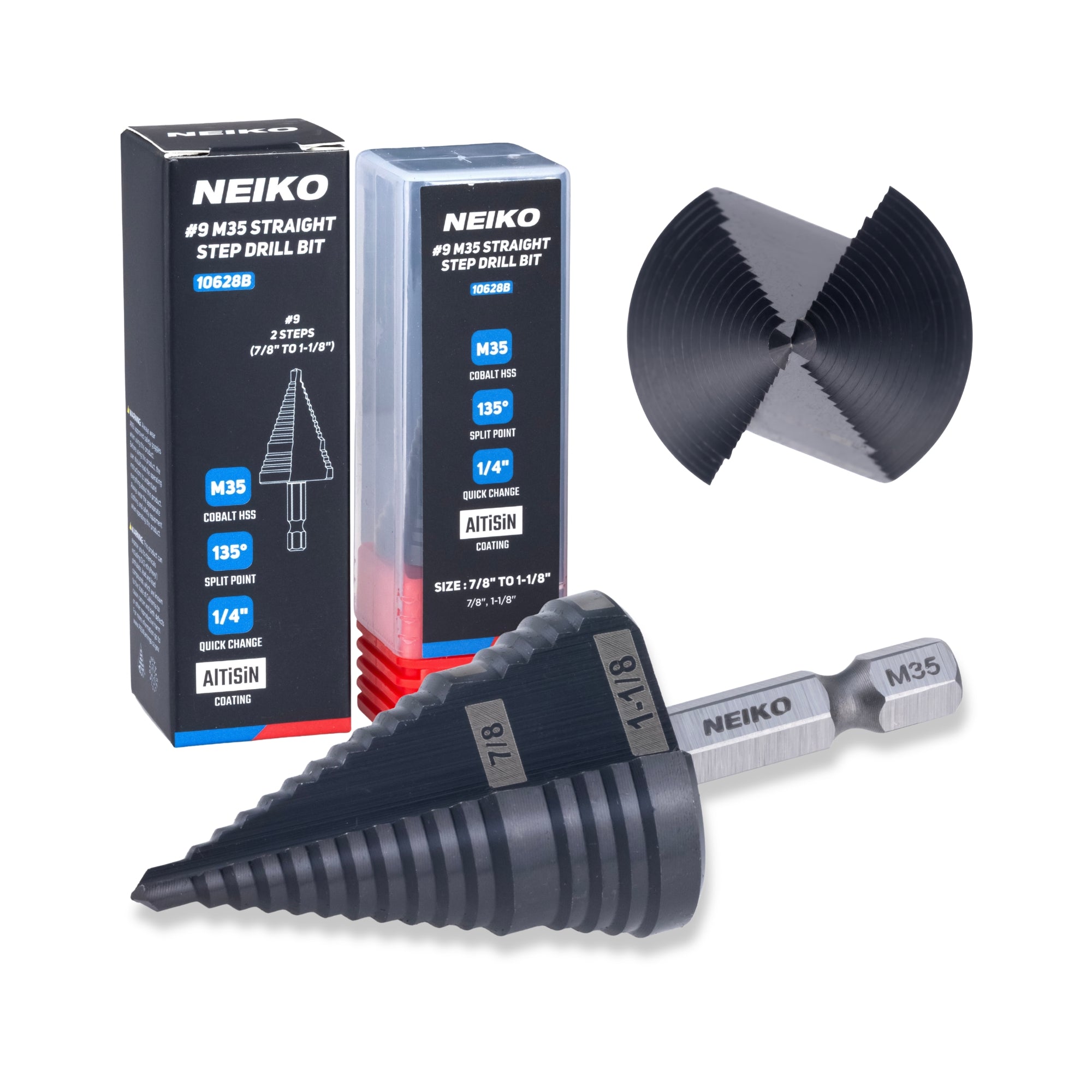 NEIKO 10628B Step Drill Bit, 2 Steps 7/8" to 1-1/8" Straight M35 Cobalt, AlTiSiN Coated, 1/4" Quick Change Step Bits for Steel, Metal, Wood, Plastic, Unibit Cone Drill Bits, Two Flute