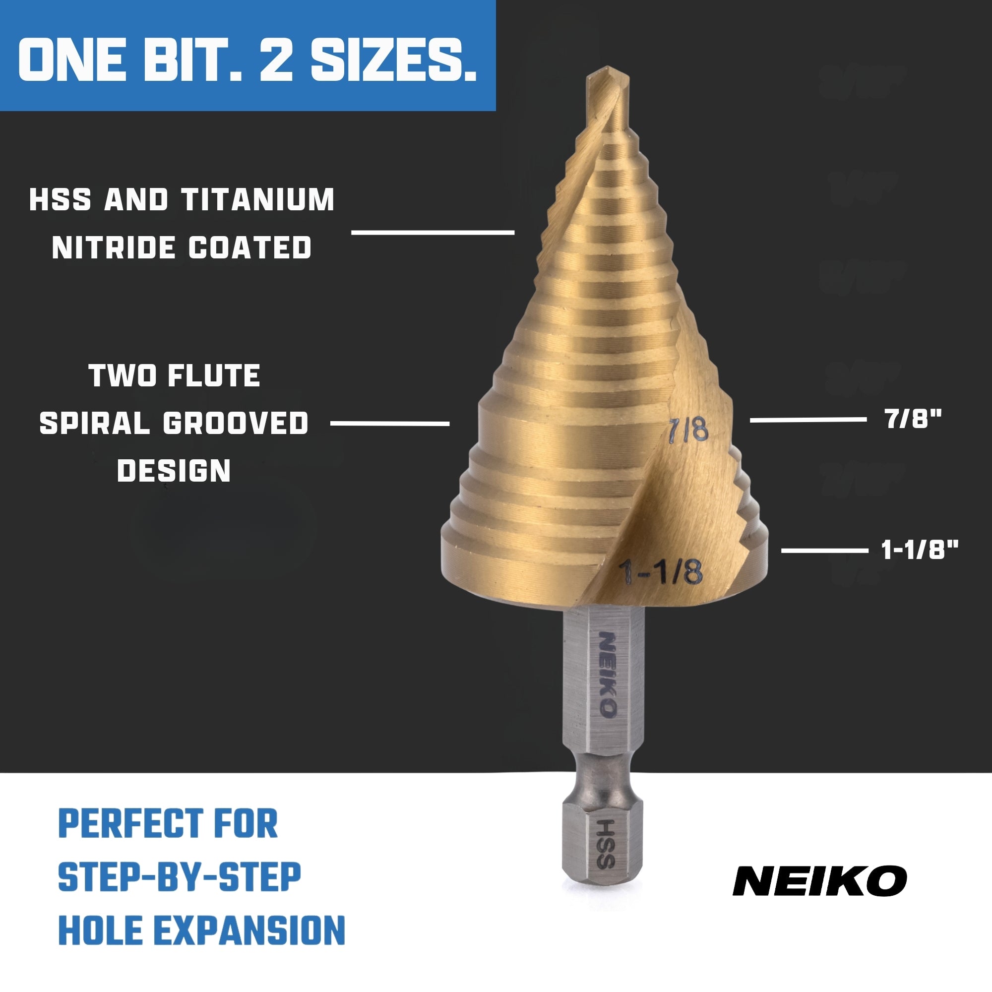NEIKO 10629A Step Drill Bit, 2 Steps 7/8" to 1-1/8" Spiral High Speed Steel, Titanium Nitride Coated, 1/4" Quick Change Step Bits for Steel, Metal, Wood, Plastic, Unibit Cone Drill Bits, Two Flute