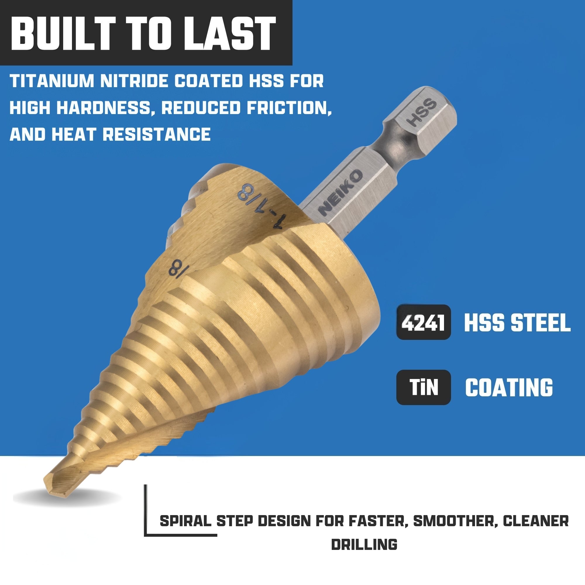NEIKO 10629A Step Drill Bit, 2 Steps 7/8" to 1-1/8" Spiral High Speed Steel, Titanium Nitride Coated, 1/4" Quick Change Step Bits for Steel, Metal, Wood, Plastic, Unibit Cone Drill Bits, Two Flute