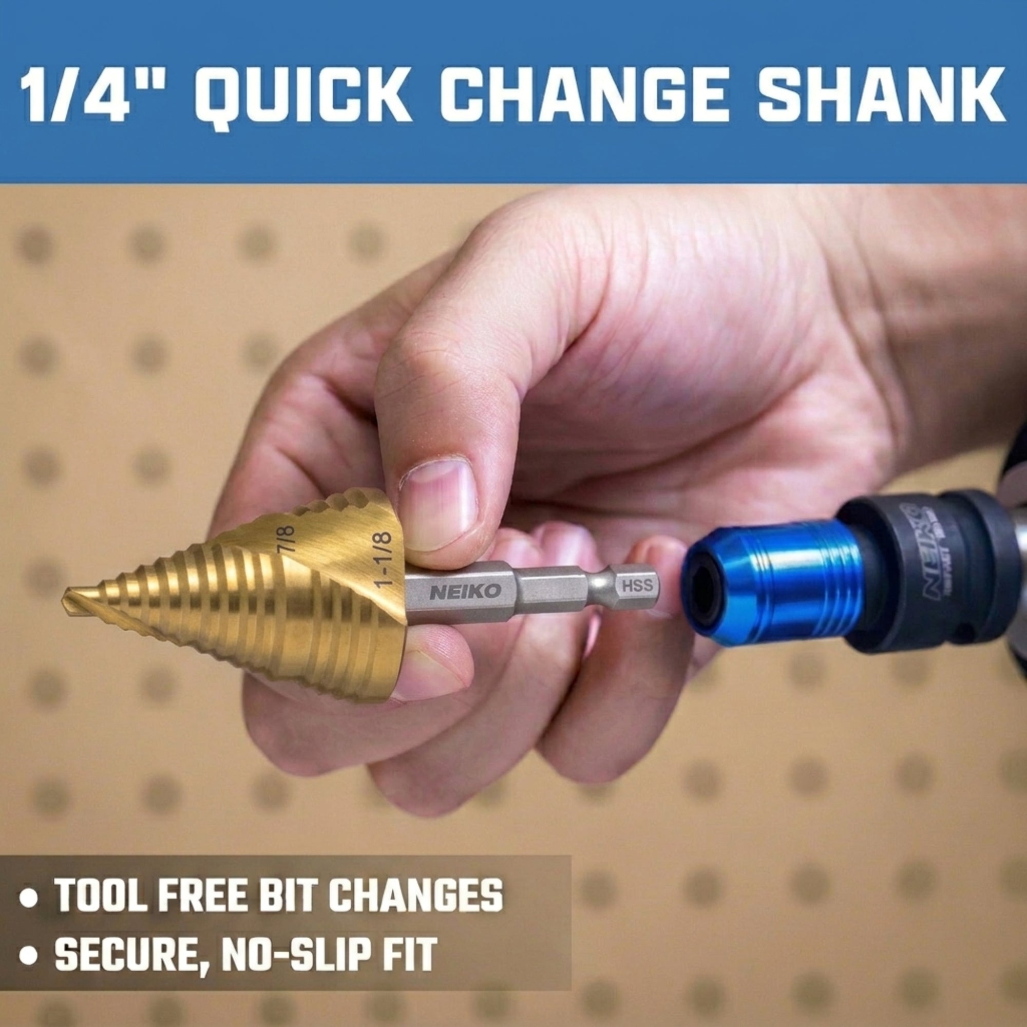 NEIKO 10629A Step Drill Bit, 2 Steps 7/8" to 1-1/8" Spiral High Speed Steel, Titanium Nitride Coated, 1/4" Quick Change Step Bits for Steel, Metal, Wood, Plastic, Unibit Cone Drill Bits, Two Flute