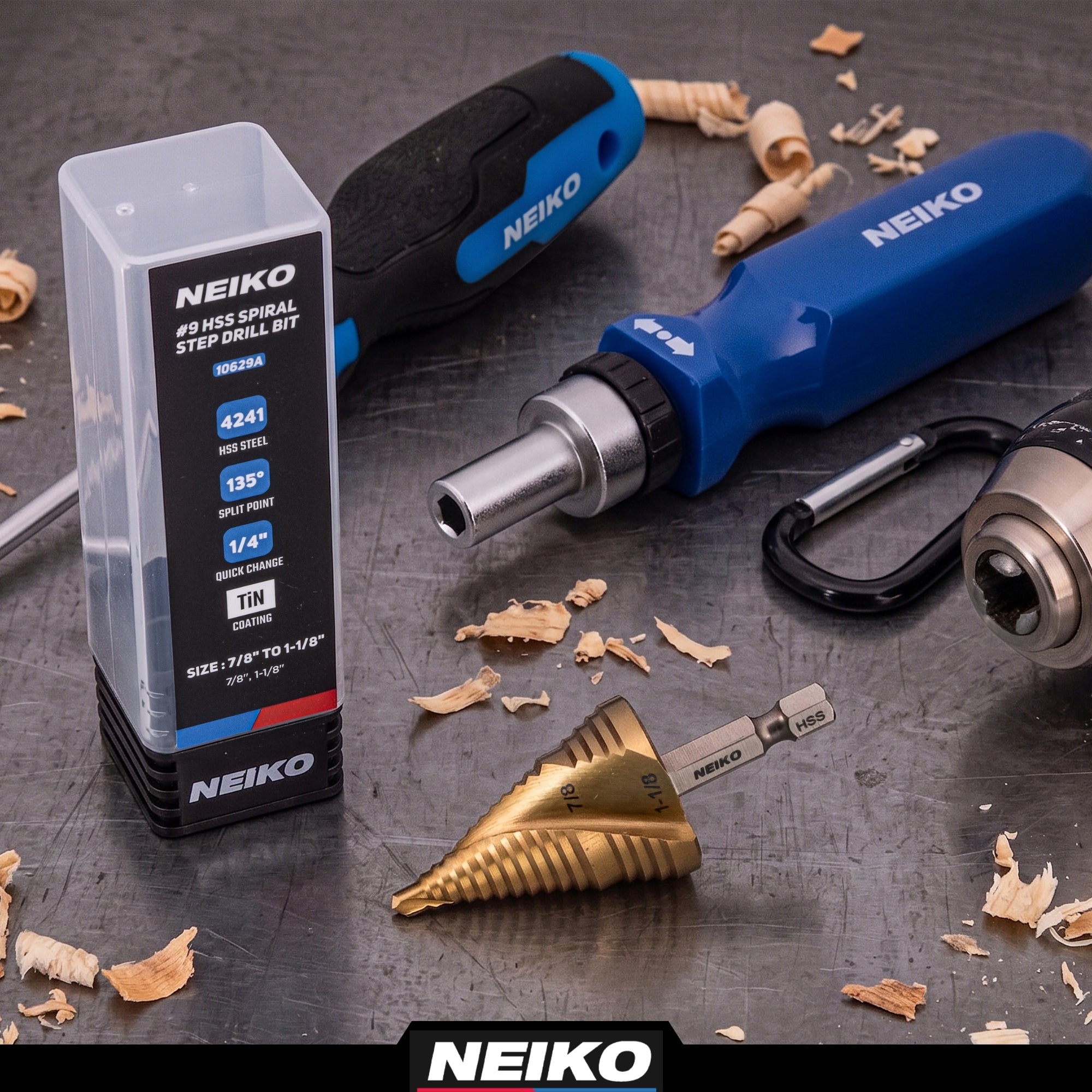 NEIKO 10629A Step Drill Bit, 2 Steps 7/8" to 1-1/8" Spiral High Speed Steel, Titanium Nitride Coated, 1/4" Quick Change Step Bits for Steel, Metal, Wood, Plastic, Unibit Cone Drill Bits, Two Flute