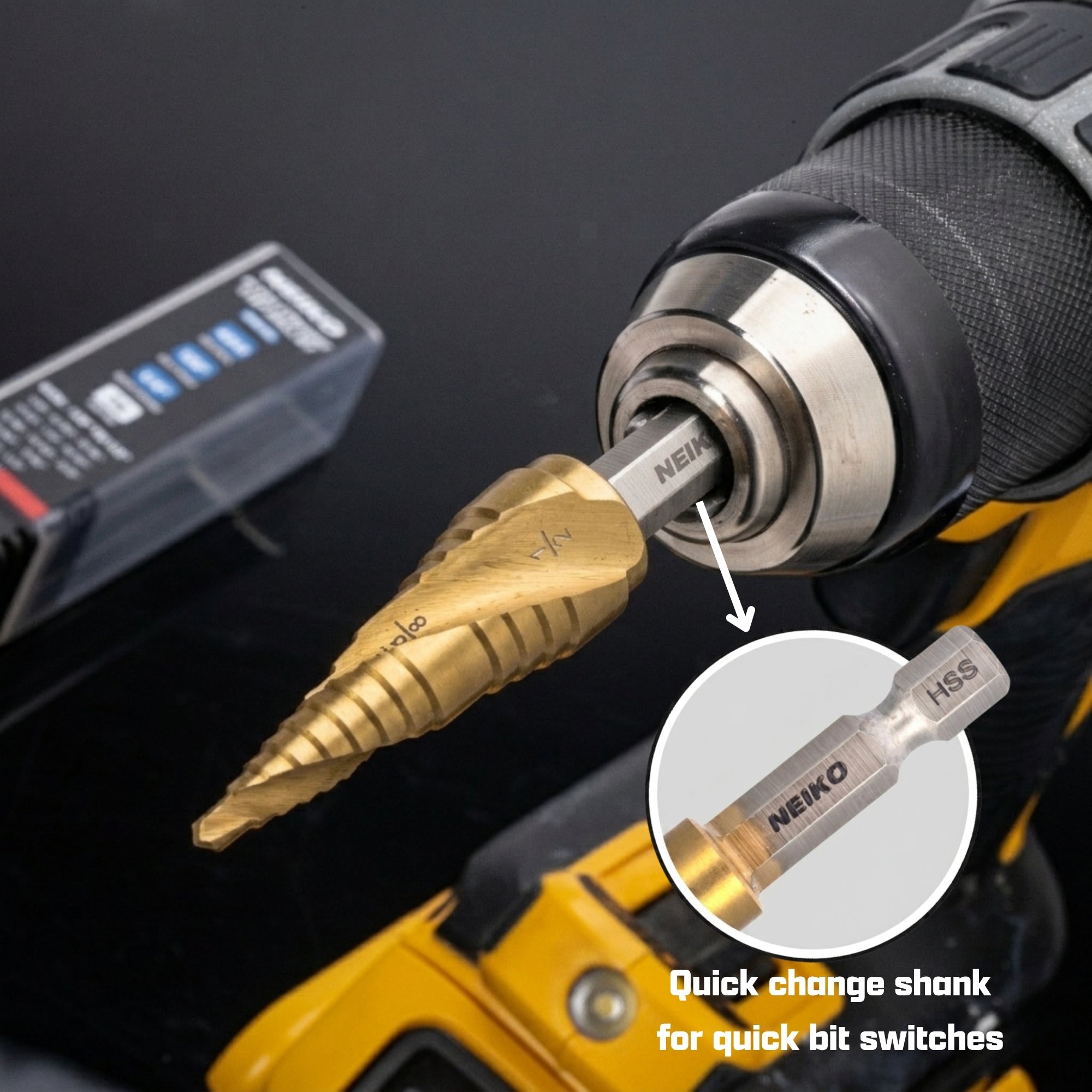 NEIKO 10629A Step Drill Bit, 2 Steps 7/8" to 1-1/8" Spiral High Speed Steel, Titanium Nitride Coated, 1/4" Quick Change Step Bits for Steel, Metal, Wood, Plastic, Unibit Cone Drill Bits, Two Flute