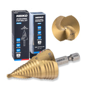 NEIKO 10629A Step Drill Bit, 2 Steps 7/8" to 1-1/8" Spiral High Speed Steel, Titanium Nitride Coated, 1/4" Quick Change Step Bits for Steel, Metal, Wood, Plastic, Unibit Cone Drill Bits, Two Flute