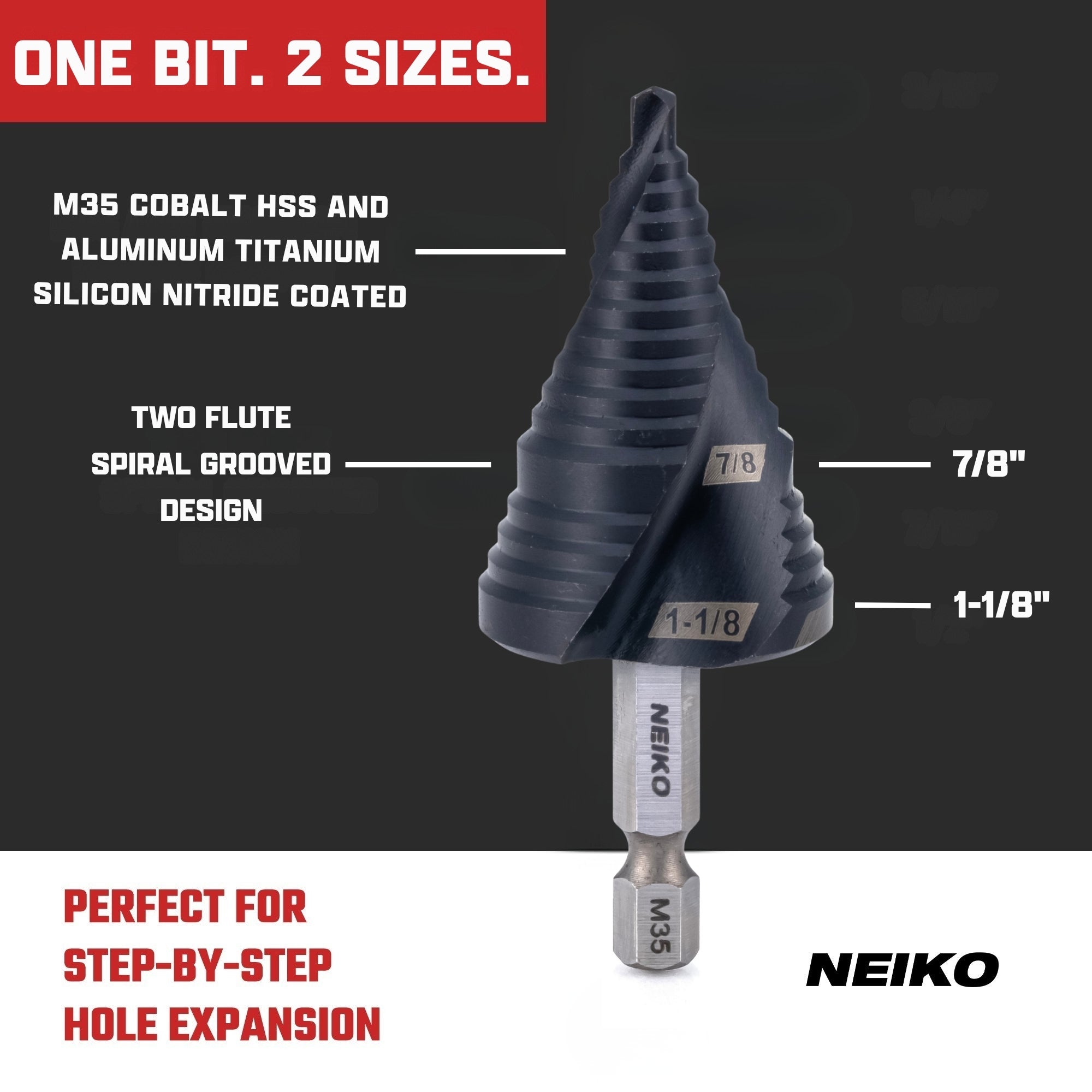 NEIKO 10629B Step Drill Bit, 2 Steps 7/8" to 1-1/8" Spiral M35 Cobalt, AlTiSiN Coated, 1/4" Quick Change Step Bits for Steel, Metal, Wood, Plastic, Unibit Cone Drill Bits, Two Flute