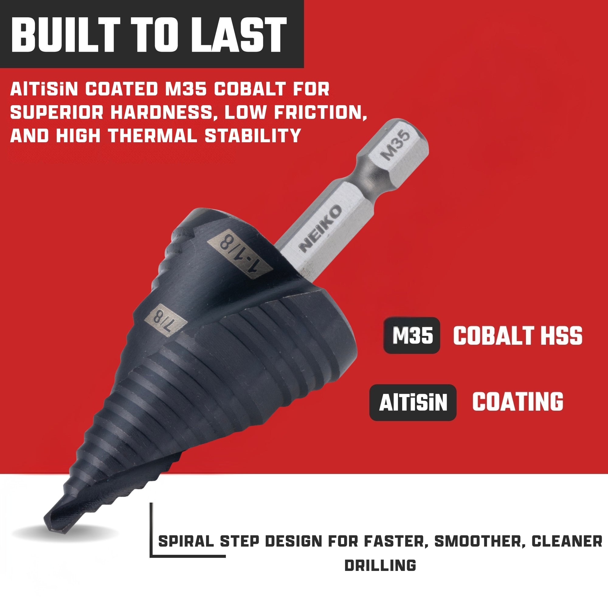 NEIKO 10629B Step Drill Bit, 2 Steps 7/8" to 1-1/8" Spiral M35 Cobalt, AlTiSiN Coated, 1/4" Quick Change Step Bits for Steel, Metal, Wood, Plastic, Unibit Cone Drill Bits, Two Flute