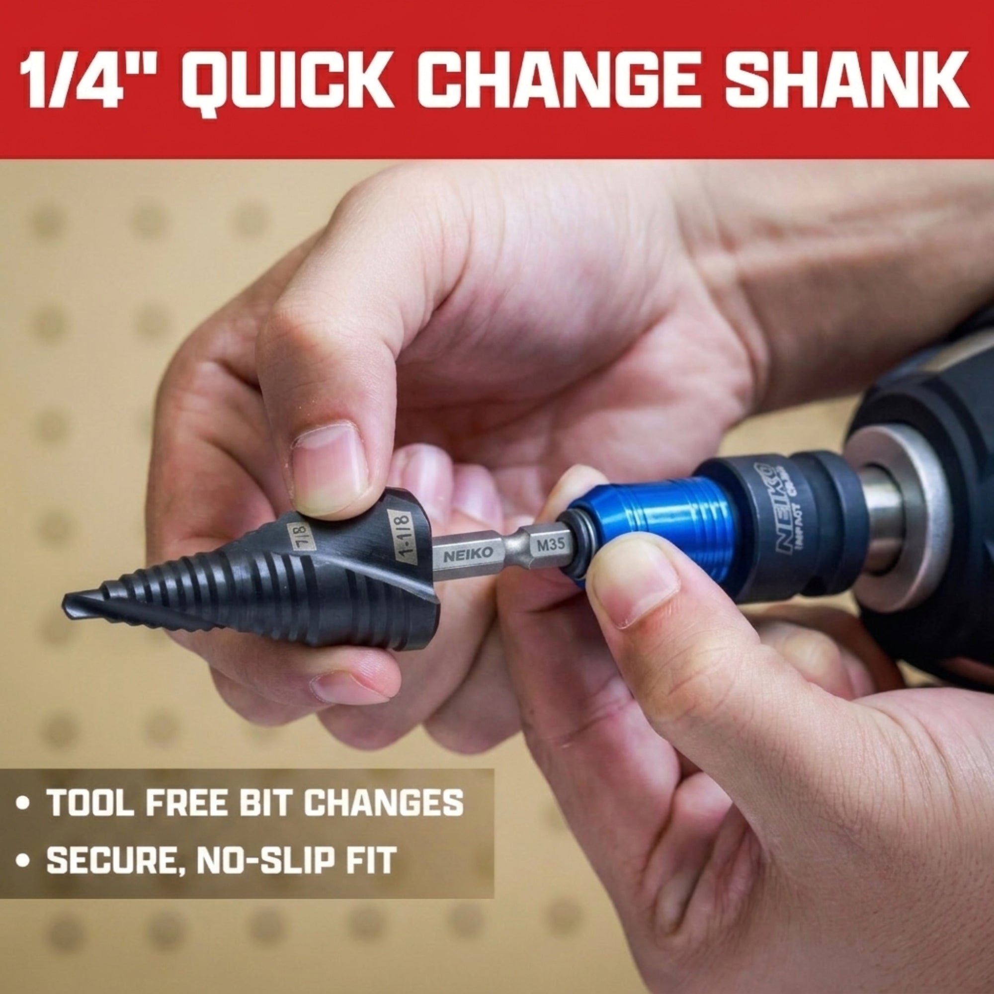NEIKO 10629B Step Drill Bit, 2 Steps 7/8" to 1-1/8" Spiral M35 Cobalt, AlTiSiN Coated, 1/4" Quick Change Step Bits for Steel, Metal, Wood, Plastic, Unibit Cone Drill Bits, Two Flute