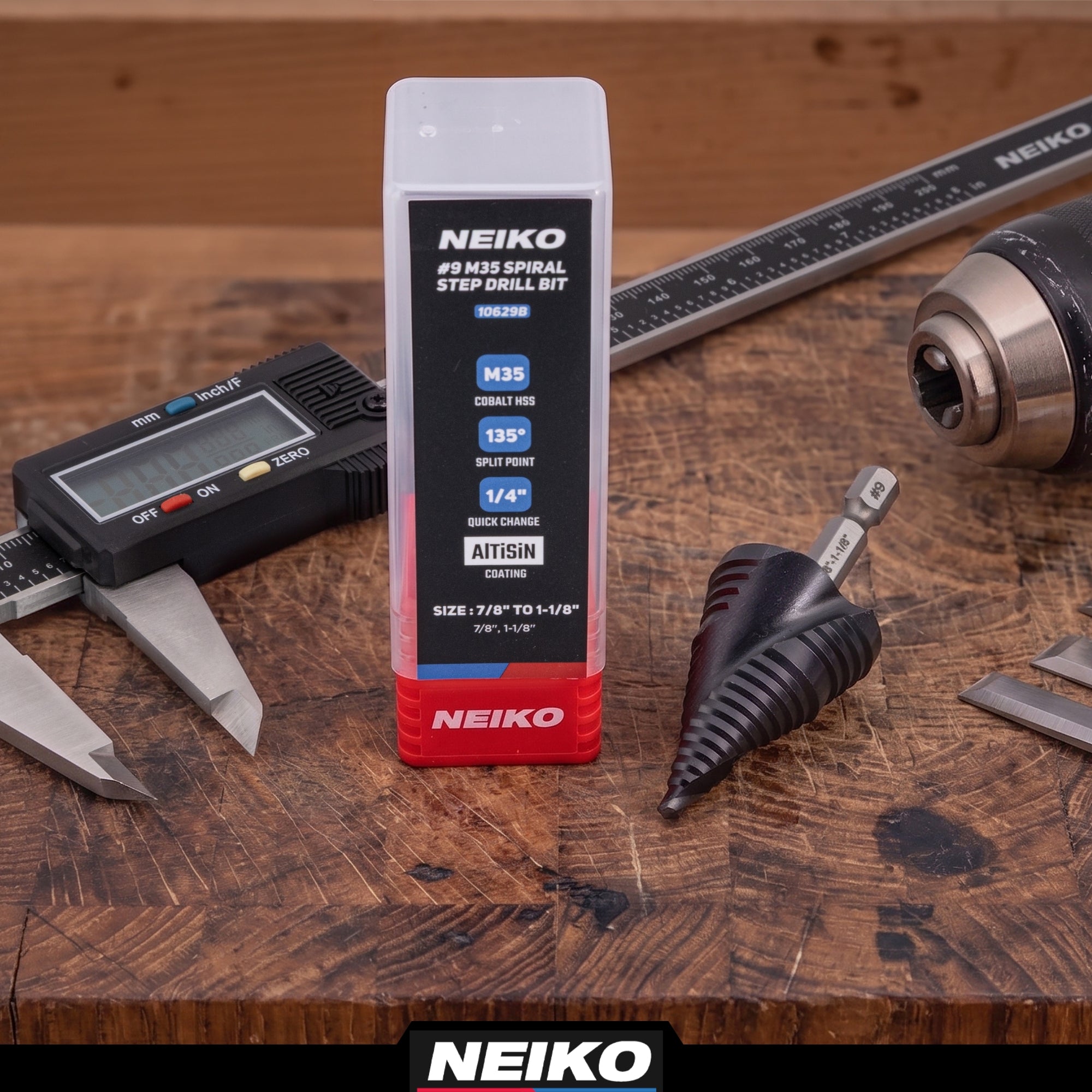 NEIKO 10629B Step Drill Bit, 2 Steps 7/8" to 1-1/8" Spiral M35 Cobalt, AlTiSiN Coated, 1/4" Quick Change Step Bits for Steel, Metal, Wood, Plastic, Unibit Cone Drill Bits, Two Flute