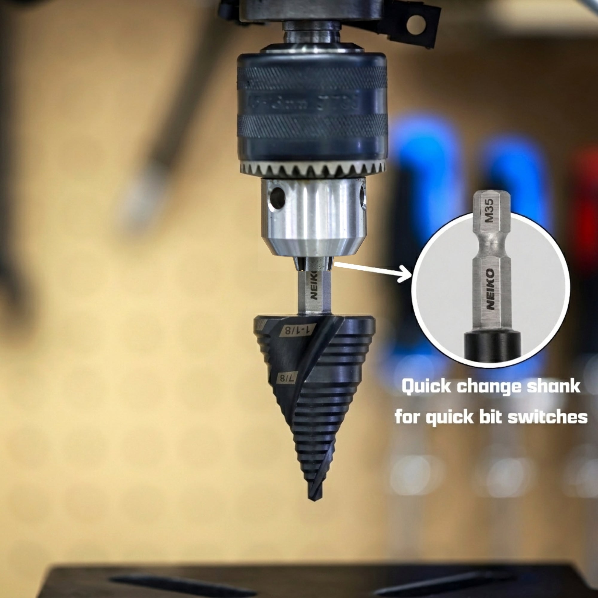 NEIKO 10629B Step Drill Bit, 2 Steps 7/8" to 1-1/8" Spiral M35 Cobalt, AlTiSiN Coated, 1/4" Quick Change Step Bits for Steel, Metal, Wood, Plastic, Unibit Cone Drill Bits, Two Flute