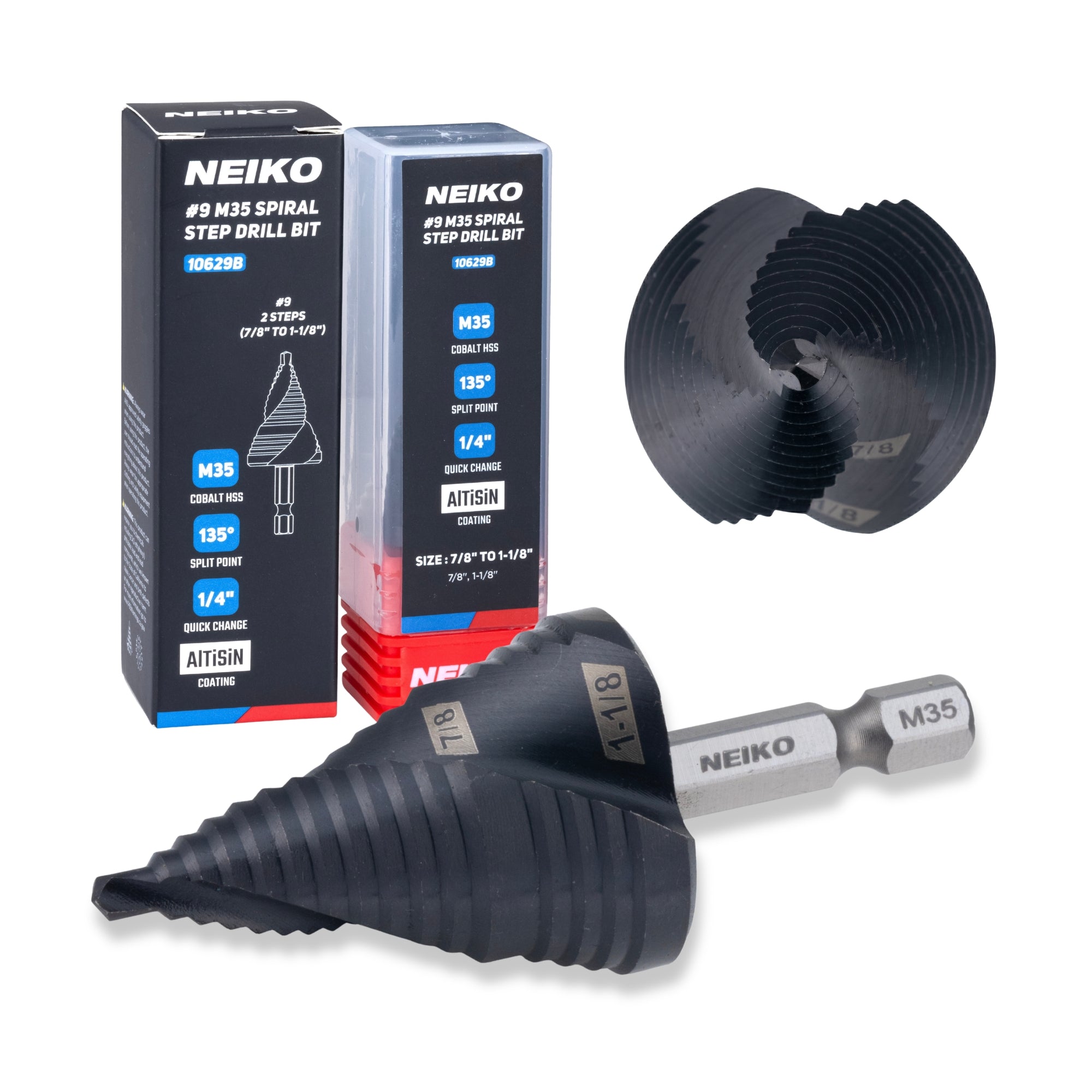 NEIKO 10629B Step Drill Bit, 2 Steps 7/8" to 1-1/8" Spiral M35 Cobalt, AlTiSiN Coated, 1/4" Quick Change Step Bits for Steel, Metal, Wood, Plastic, Unibit Cone Drill Bits, Two Flute