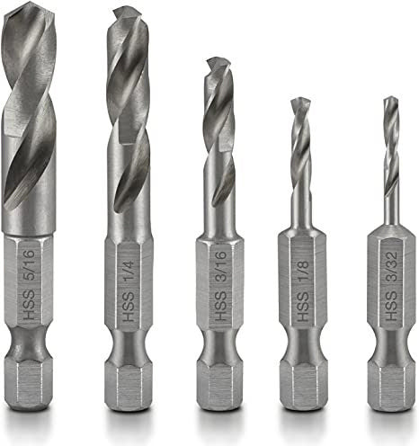 Stubby Drill Bit Set for Metal 1/4" Quick Change Hex Shank (5-Piece)