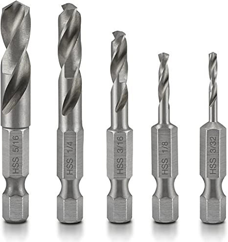 NEIKO 11402A Stubby Drill Bit Set for Metal, 5 Piece 1/4" Quick Change Hex Shank, M2 High Speed Steel for Quick Change, Chucks and Drives Drill Bit Holder Included, Hex Shank Drill Bit Set