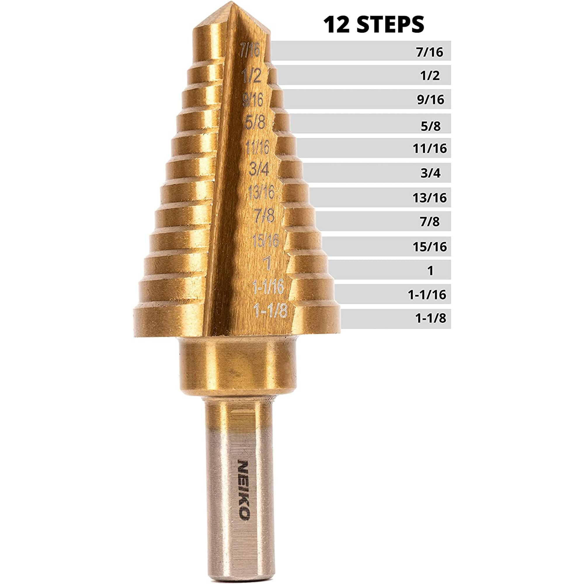 Titanium Step Drill Bit — 12 Sizes, 7/16"–1-1/8", HSS Alloy Steel