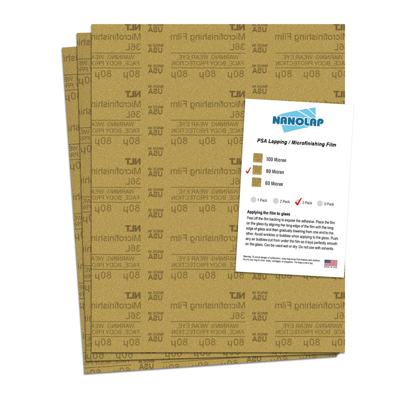 NANOLAP PSA Microfinishing Film, 3 Pc 80 Micron (180 Grit) Adhesive Polishing Paper, 8-1/2” x 11” Fine Sanding Film For Scary Sharp Sharpening System, Lapping, or Polishing Jewelry, Aluminum Oxide AO