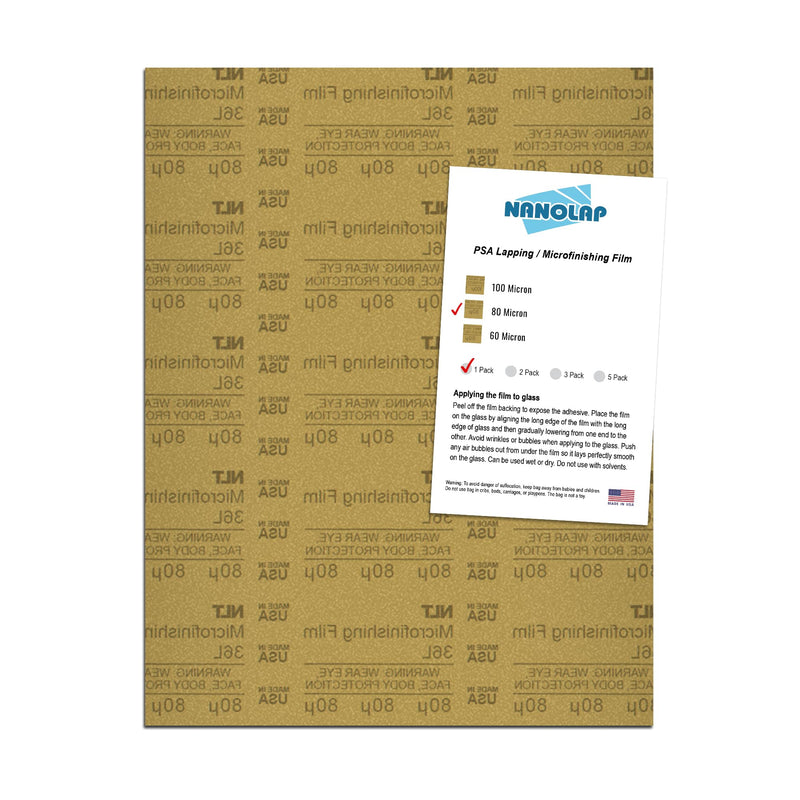 NANOLAP PSA Microfinishing Film, 1 Pc 80 Micron (180 Grit) Adhesive Polishing Paper, 8-1/2” x 11” Fine Sanding Film For Scary Sharp Sharpening System, Lapping, or Polishing Jewelry, Aluminum Oxide AO