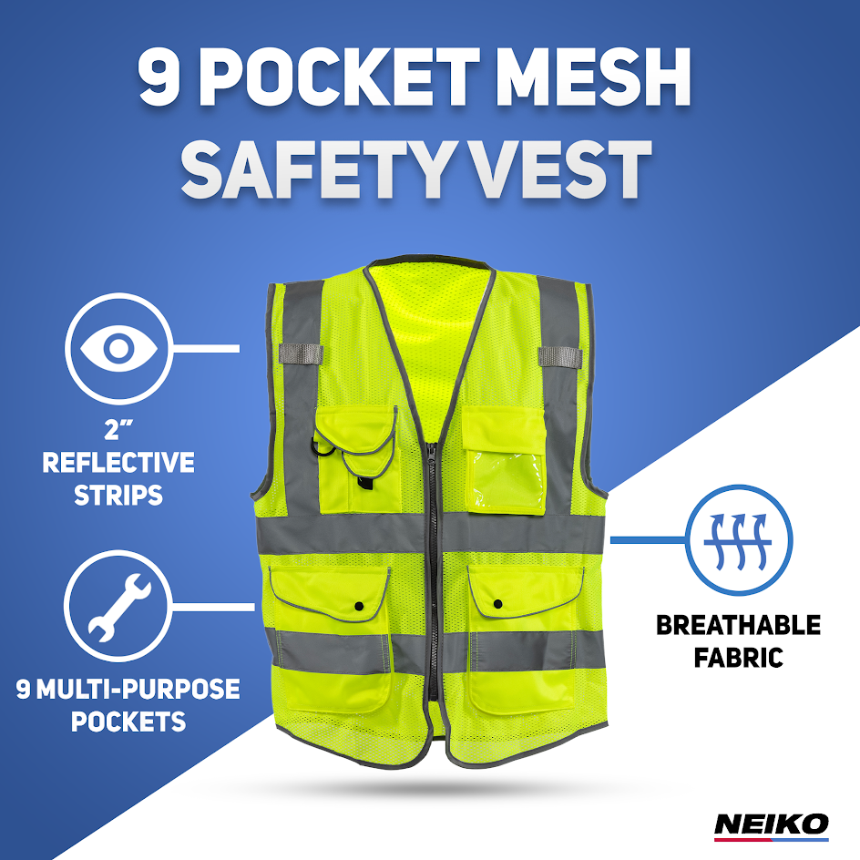 High-Visibility Safety Vest – Reflective Strips, 9 Pockets, Zipper Front