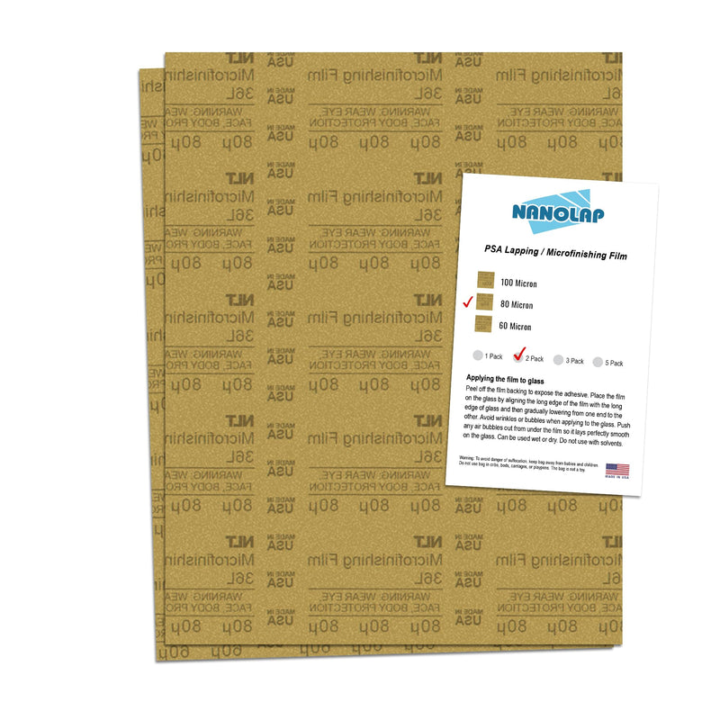 NANOLAP PSA Microfinishing Film, 2 Pc 80 Micron (180 Grit) Adhesive Polishing Paper, 8-1/2” x 11” Fine Sanding Film For Scary Sharp Sharpening System, Lapping, or Polishing Jewelry, Aluminum Oxide AO