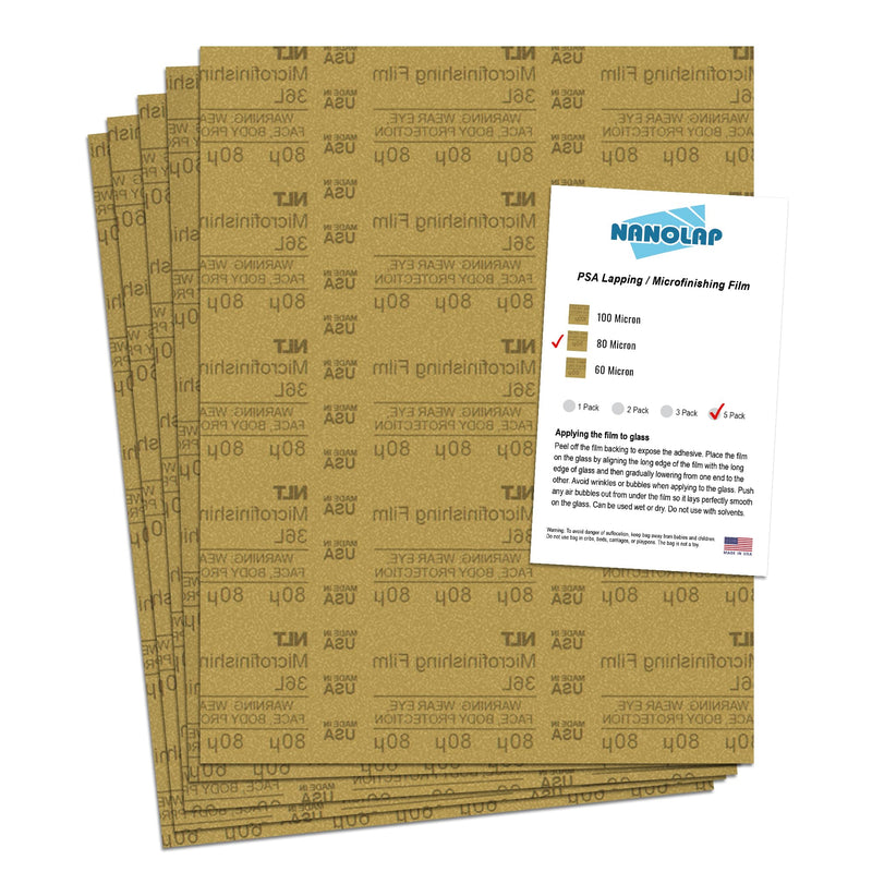 NANOLAP PSA Microfinishing Film, 5 Pc 80 Micron (180 Grit) Adhesive Polishing Paper, 8-1/2” x 11” Fine Sanding Film For Scary Sharp Sharpening System, Lapping, or Polishing Jewelry, Aluminum Oxide AO