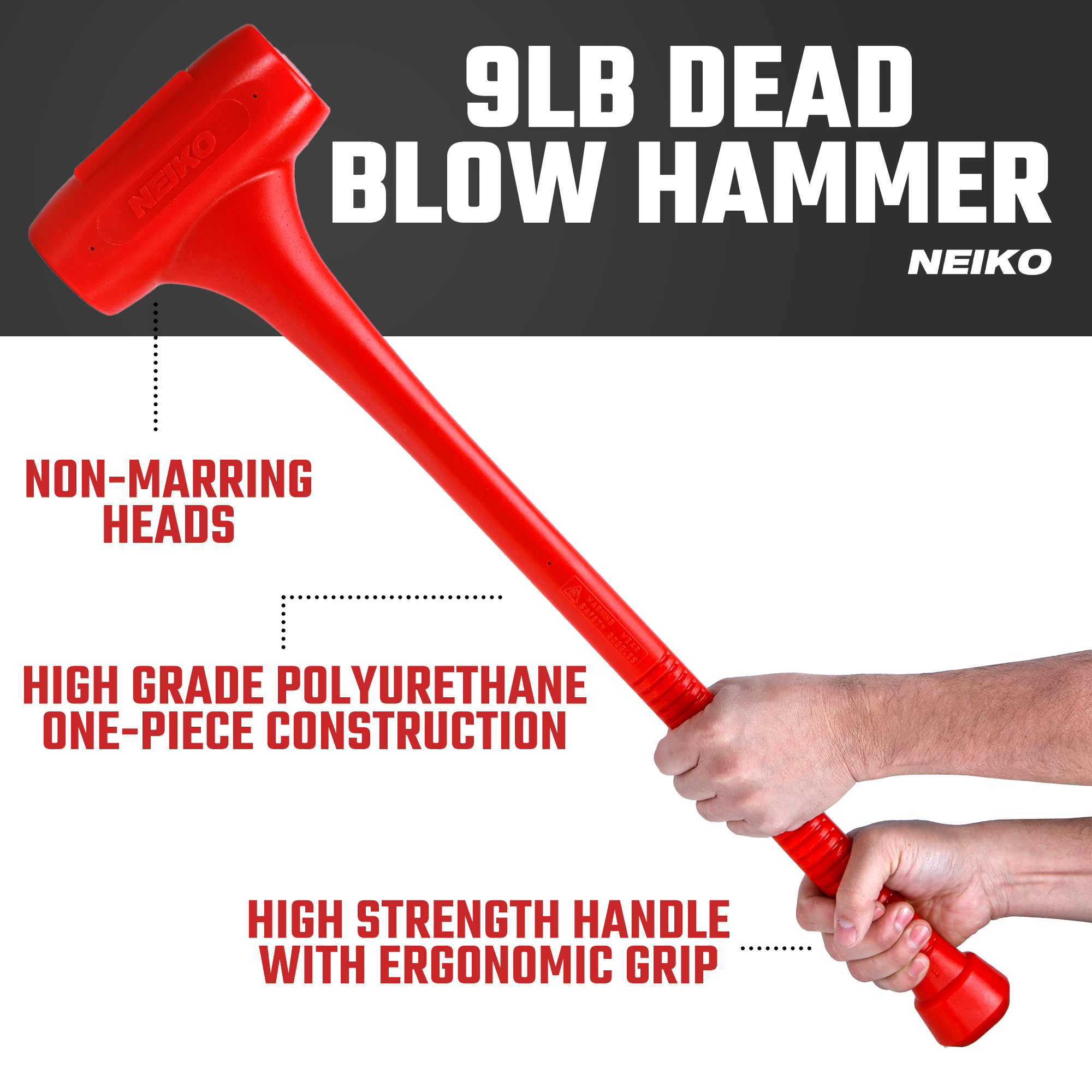 9 lb Dead Blow Hammer – One-Piece Steel Core, 30” Handle