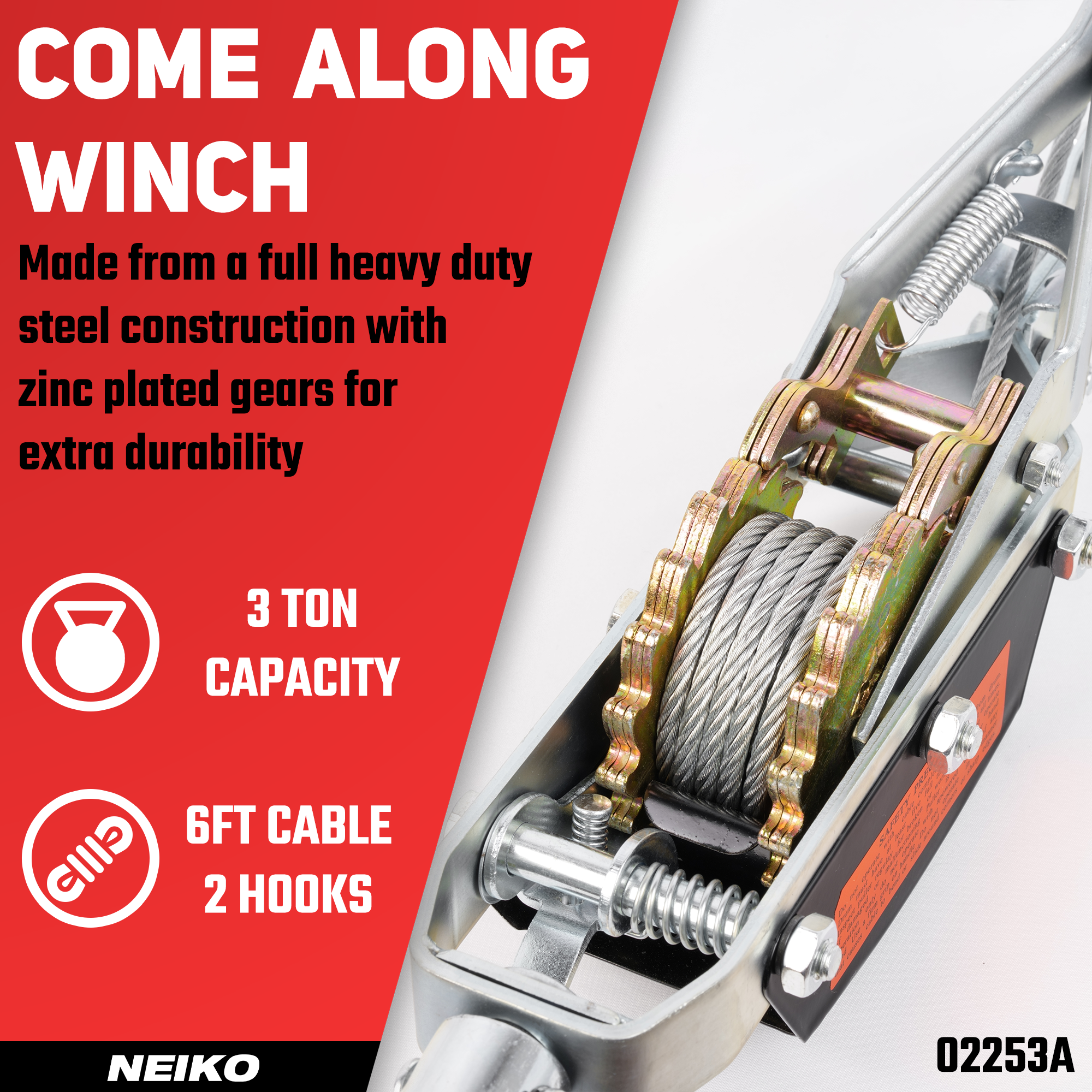 Come-Along Winch – 3-Ton (6,000 lb), 9.8 ft Heavy-Duty Cable