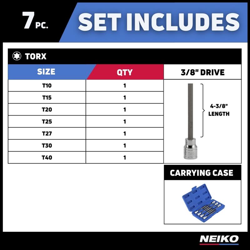 3/8" Drive Extra-Long Torx Star Bit Socket Set — T10–T40, 4-3/8" Length, S2 & CrV (7-Piece)