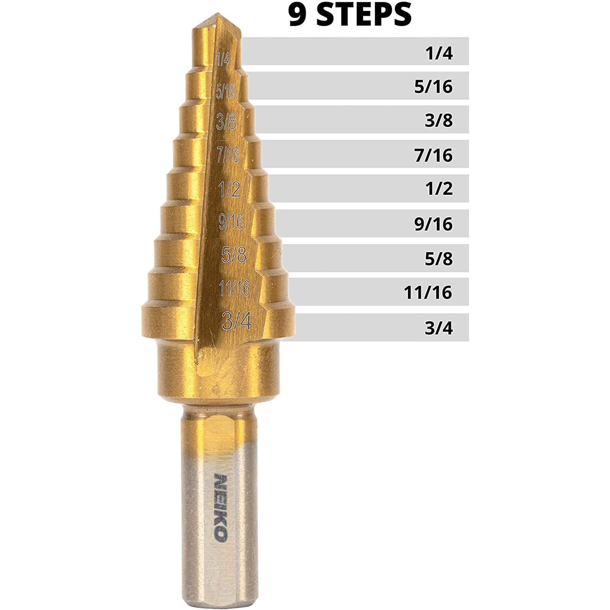 Titanium Step Drill Bit — 9 Sizes, 1/4"–3/4", HSS Alloy Steel