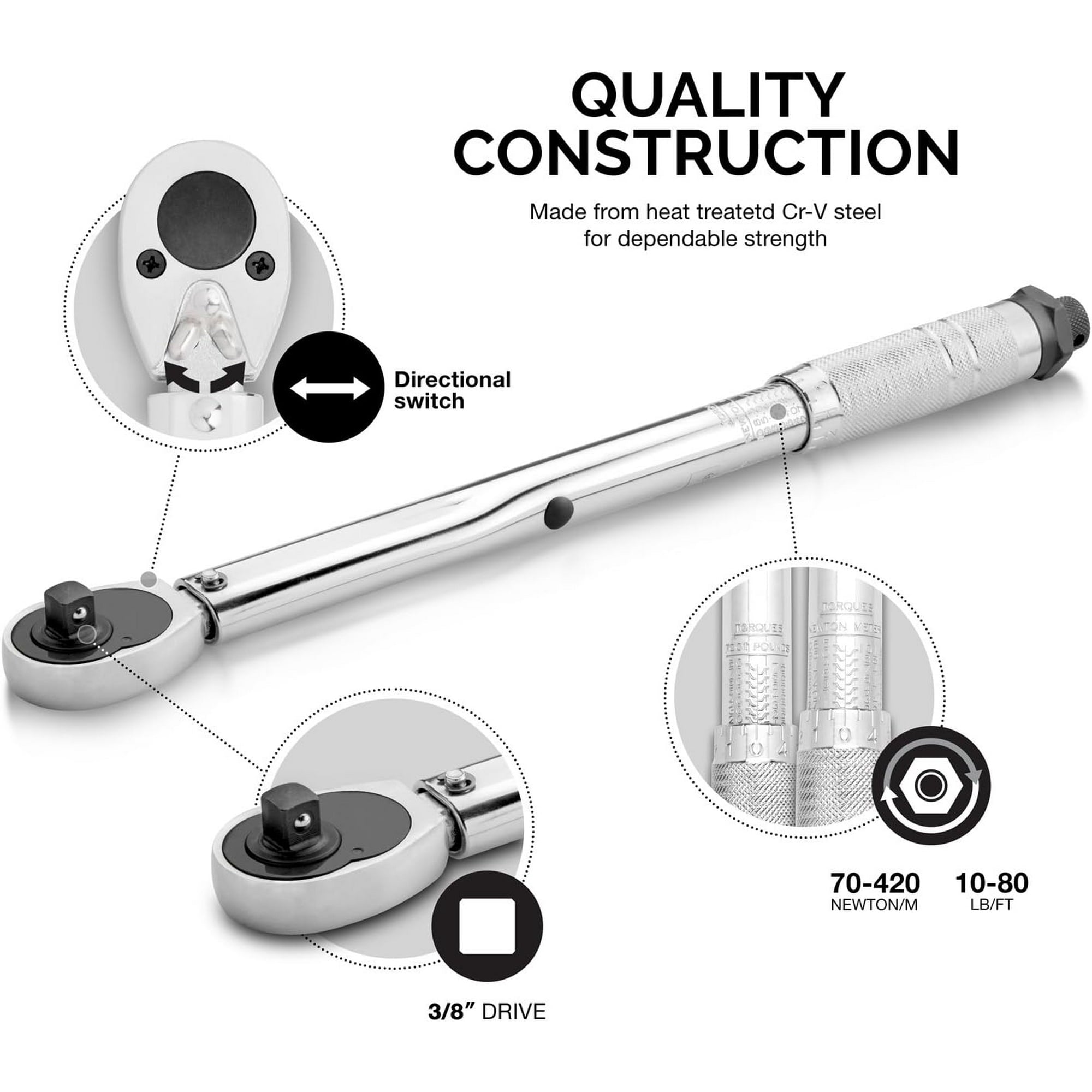 1/4" Drive Adjustable Click Torque Wrench, SAE, 20-200 Inch-Pound Chrome Vanadium Steel