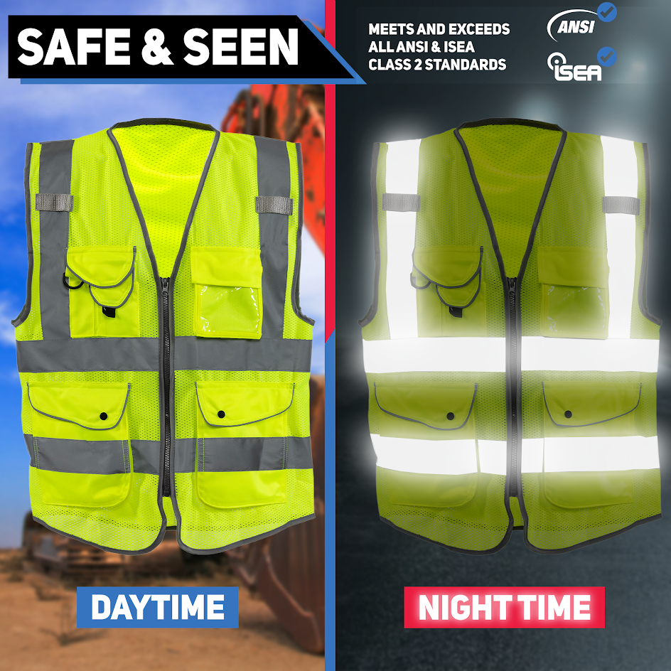 High-Visibility Safety Vest – 9 Pockets, Mesh, Reflective Strips, Zipper Front (6XL)