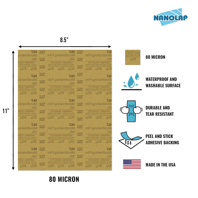 NANOLAP PSA Microfinishing Film, 3 Pc 80 Micron (180 Grit) Adhesive Polishing Paper, 8-1/2” x 11” Fine Sanding Film For Scary Sharp Sharpening System, Lapping, or Polishing Jewelry, Aluminum Oxide AO
