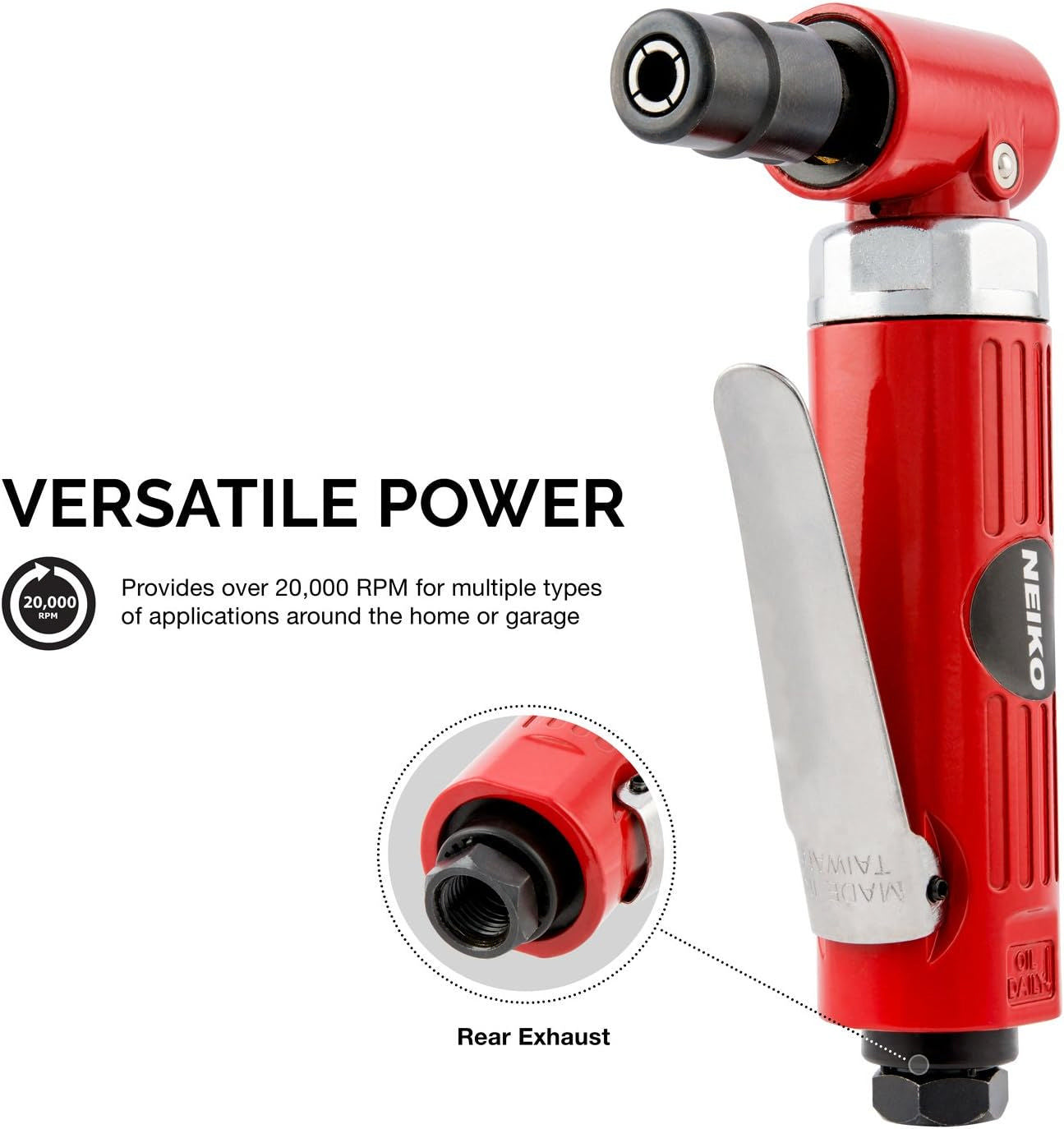 1/4” Air Right Angle Die Grinder, 20,000 RPM, 4 CFM Consumption, Rear Exhaust, Pistol Grip