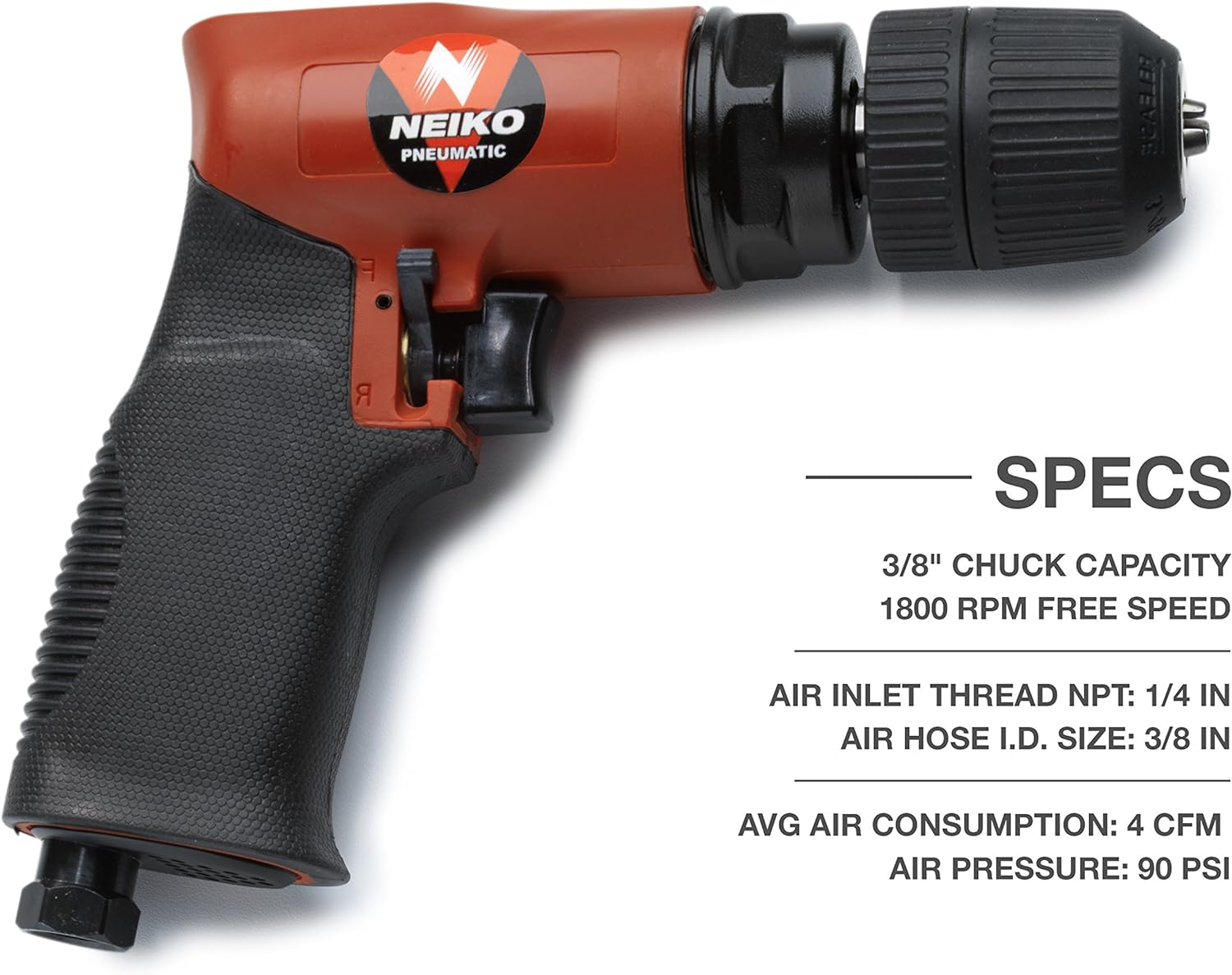 3/8" Air Drill, Composite Reversible Pistol Grip with Keyless Chuck, 90 PSI / 1800 RPM