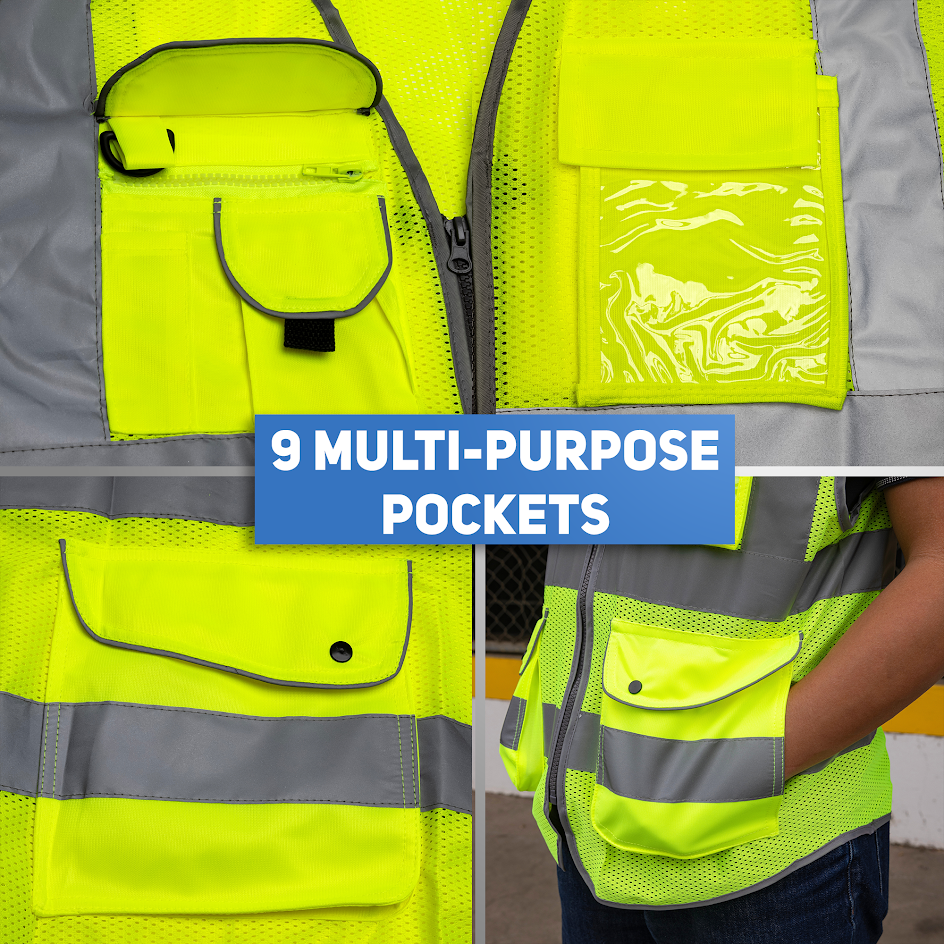 High-Visibility Safety Vest – 9 Pockets, Mesh, Reflective Strips, Zipper Front (6XL)