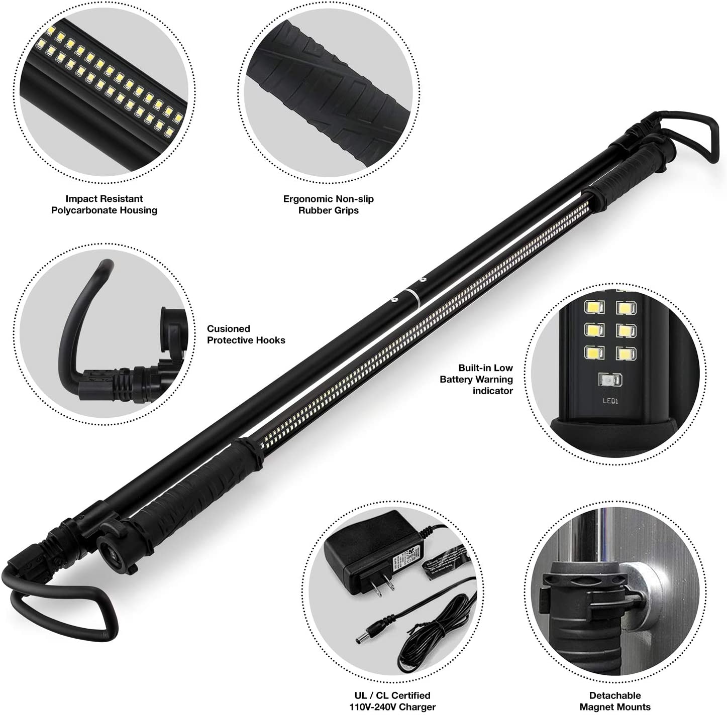 Rechargeable Cordless Underhood Work Light — 202 SMD LED, 1,200 Lumens Max