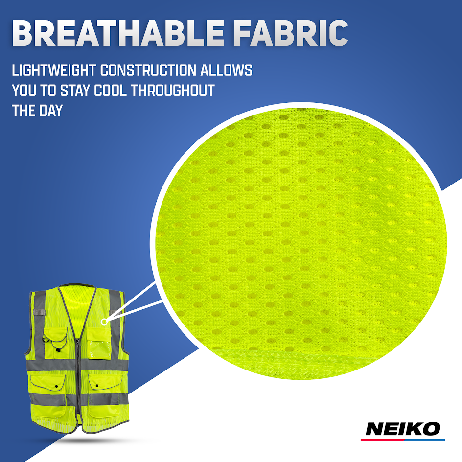 High-Visibility Safety Vest – 9 Pockets, Mesh, Reflective Strips, Zipper Front (6XL)