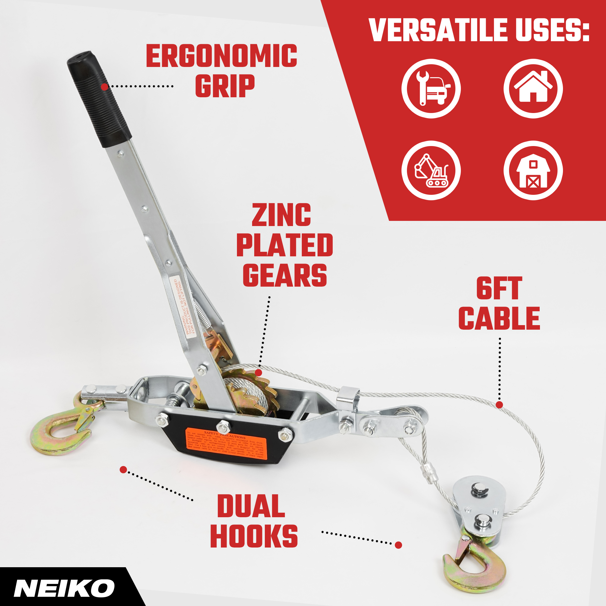 Come-Along Winch – 3-Ton (6,000 lb), 9.8 ft Heavy-Duty Cable