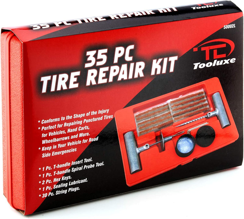 Tooluxe 50002L -35 Piece Tire Repair Universal Heavy Duty Tire Repair Kit with Plugs, Fix A Flat Tire Repair Kit, Ideal for Tires on Cars, Trucks, Motorcycles, ATV Roadside Emergency, Tire Plug Kit