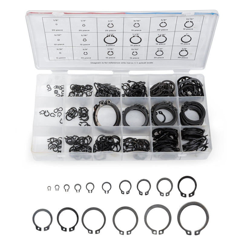 NEIKO 50458A Snap Ring Shop Assortment | 300 Piece Retaining Ring Set | 18 Sizes (1/8" - 1-1/4") | Heat-Treated Hardened Steel | Secure Parts on Grooved Shafts, Pins, Studs, etc.