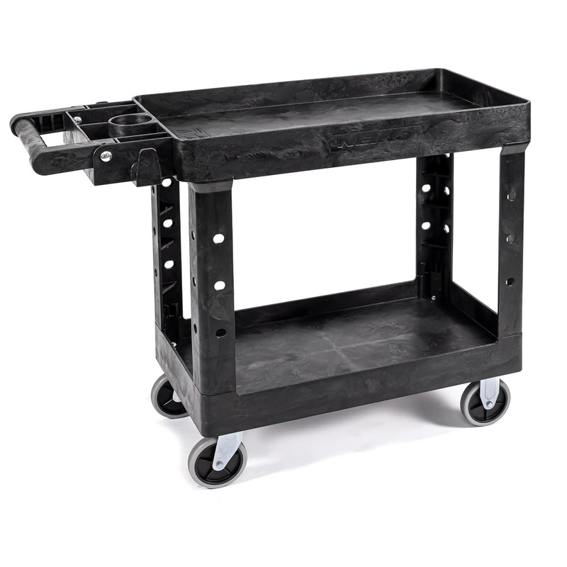 NEIKO 53051A Utility Cart, Heavy Duty 500 Pound Service cart with Wheels, 2 Deep Tray Shelf Rolling Tool Cart, Adjustable Handle Black Plastic Push Cart, Garage Mechanic Shop Cart, Non Marking Wheels