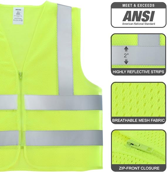 High-Visibility Safety Vest — Neon Yellow/Orange, Reflective Strips, Zipper Front (Large)