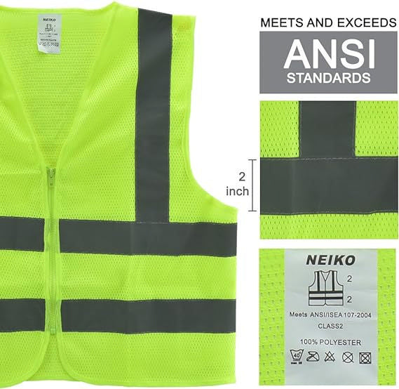 High-Visibility Safety Vest — Neon Yellow/Orange, Reflective Strips, Zipper Front (Large)