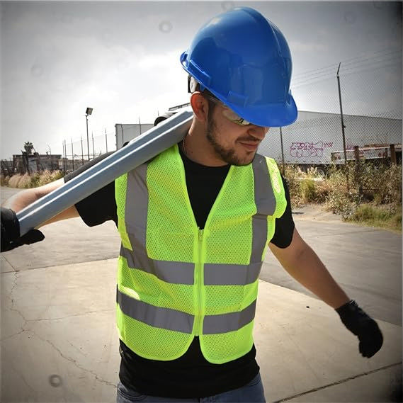 High-Visibility Safety Vest — Neon Yellow/Orange, Reflective Strips, Zipper Front (Large)