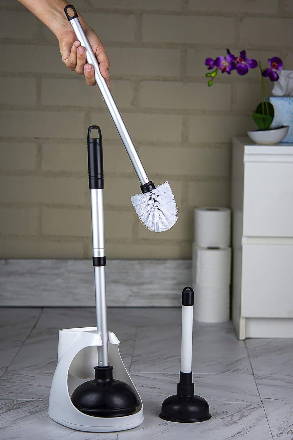 Toilet Plunger & Brush Set — Patented Plunger, Bowl Brush, Caddy, Mini Sink Plunger (4-Piece)