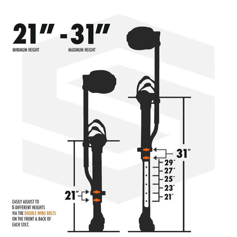 SurPro Double-Sided Drywall Stilts, Magnesium Base, 21” - 31” Height, QuadLock Contractor-Grade Stilts with Patented FLEXION Foot System (S2X-M-2131) for Drywallers, Painters, Stilts Drywall