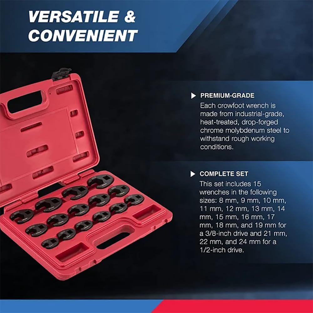 Metric Crowfoot Wrench Set — 1/2" & 3/8" Drive, Cr-Mo, 8–24 mm (15-Piece)
