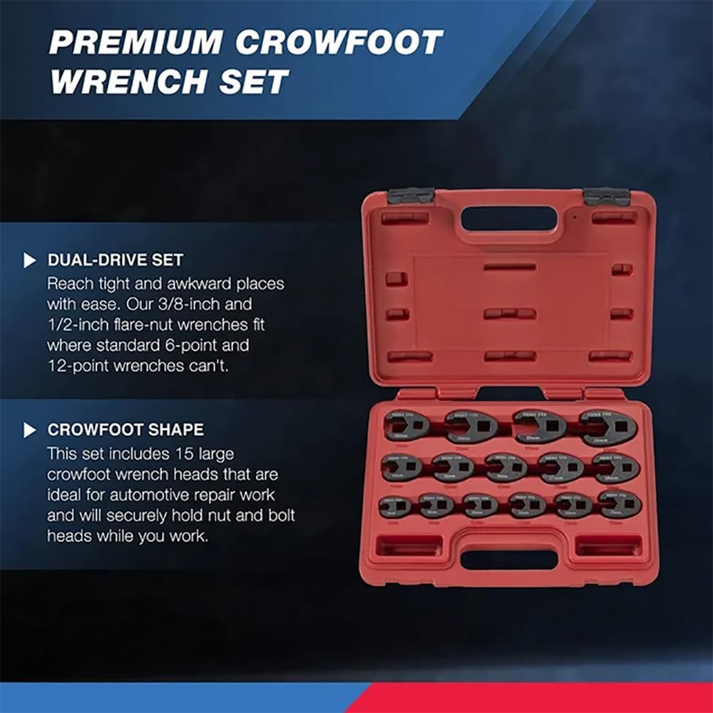 Crowfoot Wrench Set 1/2" & 3/8” Drive Metric Crows Foot Wrench Sizes 8mm-24mm (15-Piece)