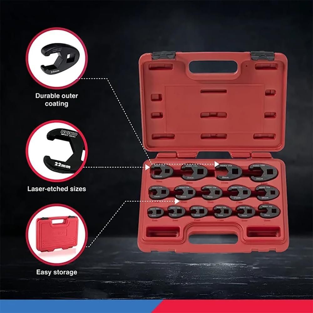 Metric Crowfoot Wrench Set — 1/2" & 3/8" Drive, Cr-Mo, 8–24 mm (15-Piece)