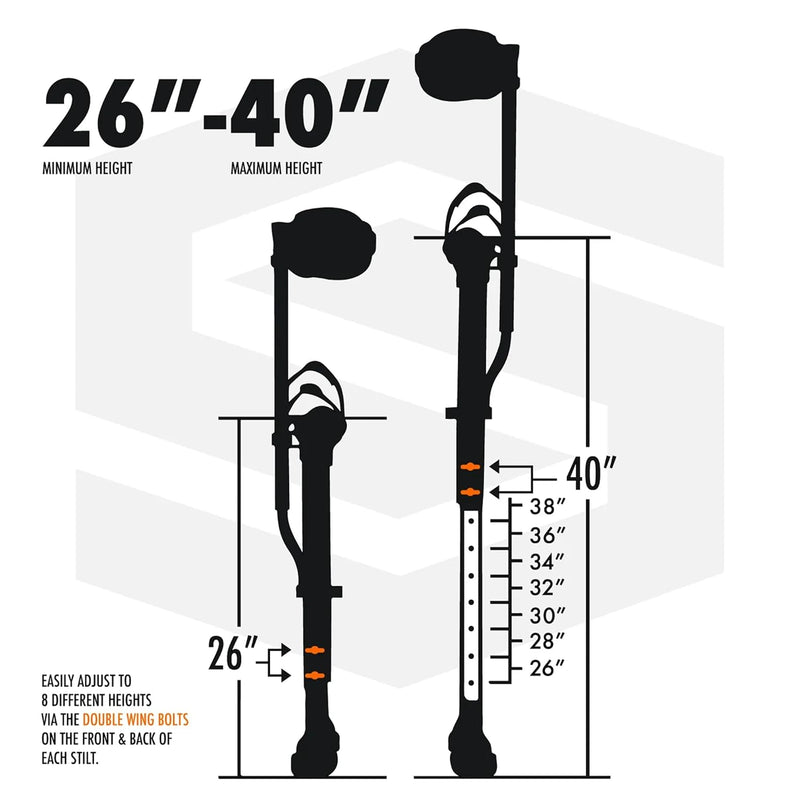 SurPro Single-Sided Drywall Stilts, Magnesium Base, 26” - 40” Height, QuadLock Contractor-Grade Stilts with Patented FLEXION Foot System (S1X-M-2640) for Drywallers, Painters, Stilts Drywall