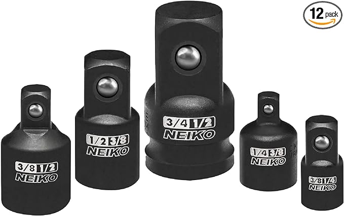 NEIKO 30249A Impact Adapter and Reducer Set | 5 Piece | Standard SAE Socket Adapter Sizes, 1/4, 3/8, 1/2" | Cr-V Steel | Impact Driver & Wrench Conversion Kit (Pack of 12, 60 Count Total)